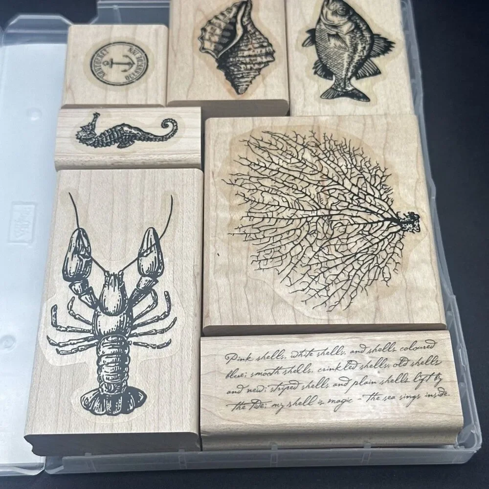 Stampin' Up! Retired BY THE TIDE nautical wood set in case coral fish lobster